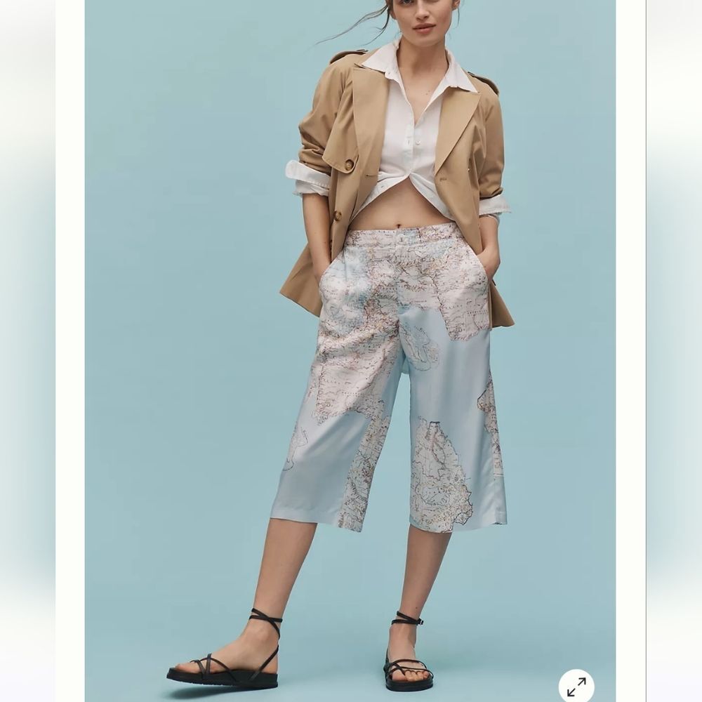 Maeve Map Of The World Print Draped Gaucho Pants Culottes Pockets US Size 2